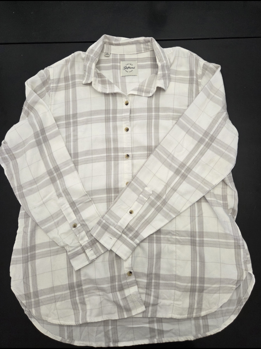JACHS Girlfriend, Super Soft! White and Light Gray Plaid Button-Down Shirt